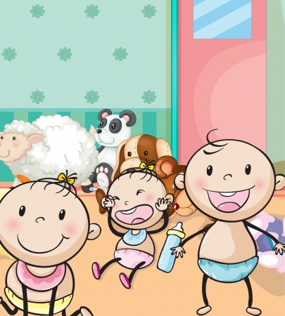illustration of babies and animal toys in the roomのイラスト素材