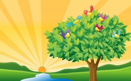 illustration of a river and a sun in a beautiful natureのイラスト素材