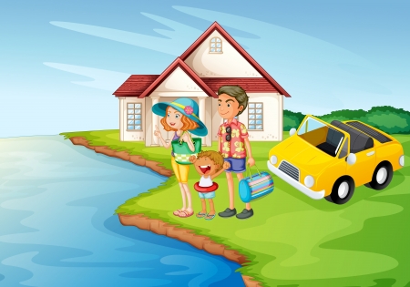 illustration of a girl, a boy and a car in a beautiful natureのイラスト素材