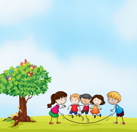 illustration of kids and a tree in beautiful natureのイラスト素材