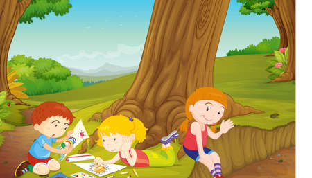 illustration of kids playing in a beautiful natureのイラスト素材