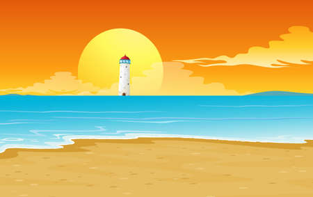 illustration of a light house and sun in natureのイラスト素材