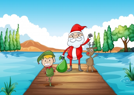 illustration of a  boy, a santa claus and a reindeer in a beautiful dessertのイラスト素材