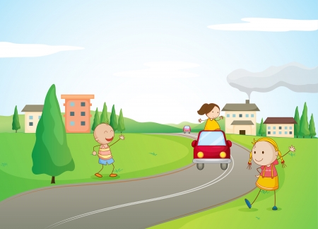 illustration of kids, a car and a road in a beautiful natureのイラスト素材