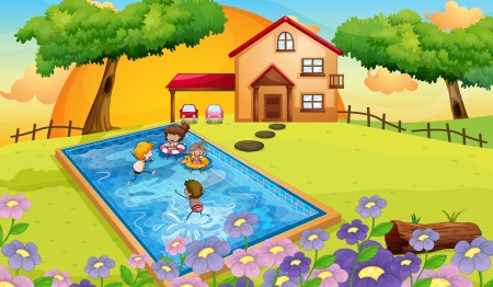 illustration of a house and kids in a beautiful natureのイラスト素材