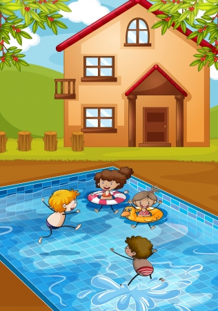 illustration of a house and kids in a beautiful natureのイラスト素材