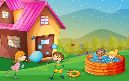 illustration of a house and kids in a beautiful natureのイラスト素材