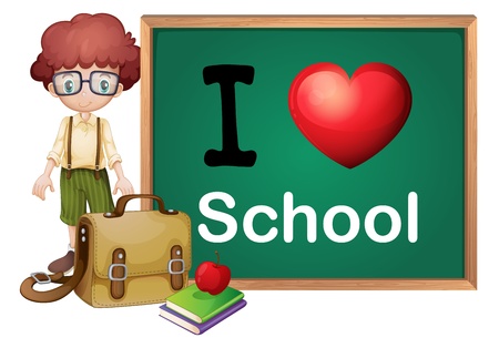 illustration of a boy and a green board on a white backgroundのイラスト素材