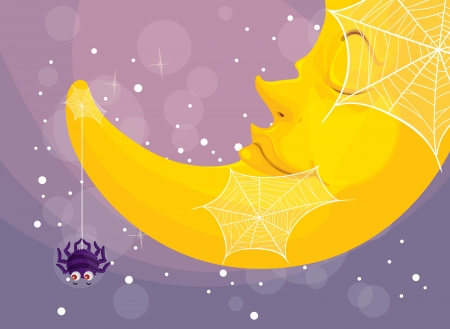 illustration of a spider and moon on a color backgroundのイラスト素材