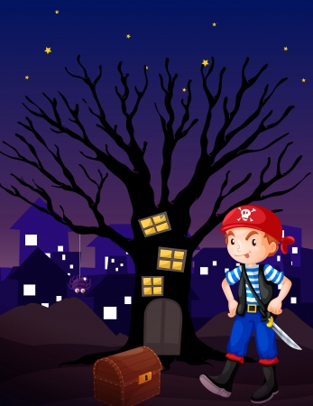 illustration of a boy and a jewellery box in a dark nightのイラスト素材