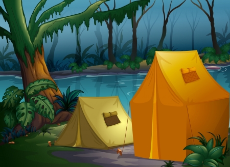 Illustration of camping in the jungle near the riverのイラスト素材