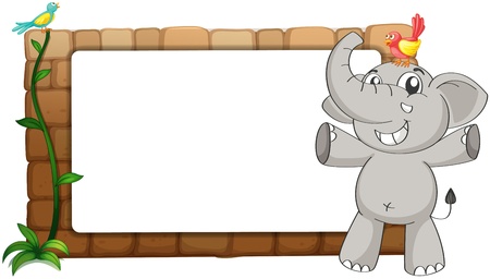 Illustration of a white board, an elephant and birds on a white backgroundのイラスト素材