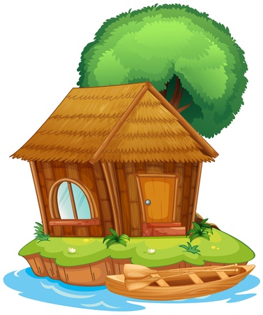 Illustration of a house on an island together with a tree and a canoeのイラスト素材