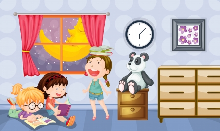 Illustration of girls reading books in a roomのイラスト素材