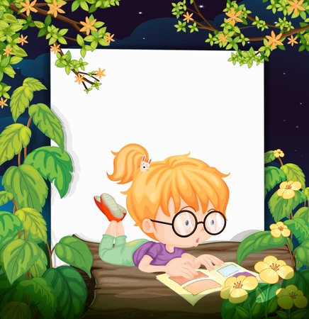 Illustration of a reading girl and a white board in a beautiful natureのイラスト素材