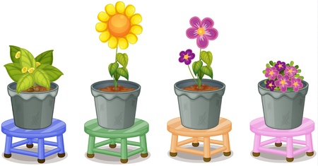 illustration of various potted plants on stools on a white backgroundのイラスト素材