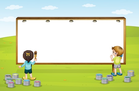 Illustration of kids and a bilboard in a beautiful natureのイラスト素材