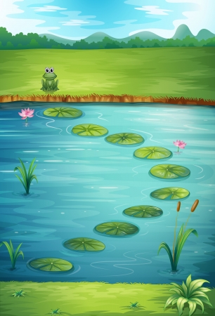Illustration of a frog and a lake in a beautiful natureのイラスト素材