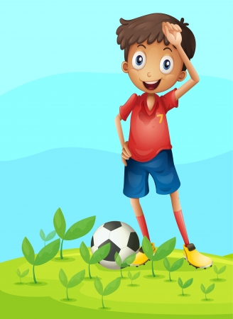 Illustration of a boy playing football in a beautiful natureのイラスト素材