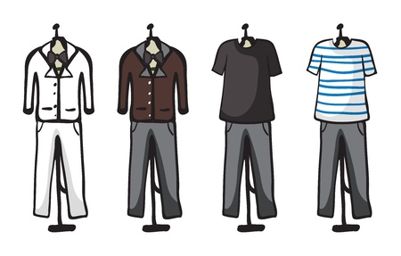 Illustration of display of various garments of male on a white backgroundのイラスト素材