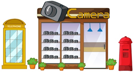 Illustration of a camera store, mailbox and telephone on a white backgroundのイラスト素材