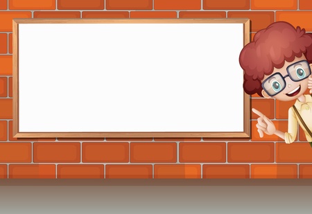 Illustration of a boy showing white board on brick wallのイラスト素材