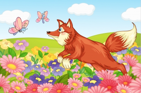 Illustration of fox and flies in beautiful gardenのイラスト素材