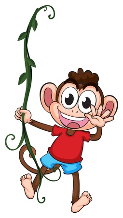 Illustration of a monkey hanging on a plant on a white backgroundのイラスト素材
