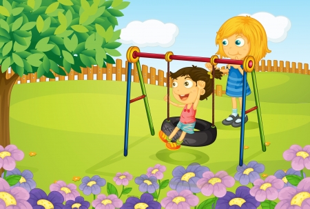 Illustration of kids playing swing in gardenのイラスト素材