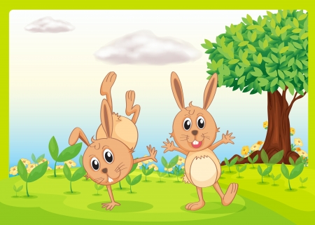 Illustration of dacing rabbits in a beautiful natureのイラスト素材