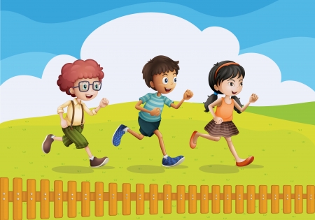 Illustration of kids running in a beautiful natureのイラスト素材