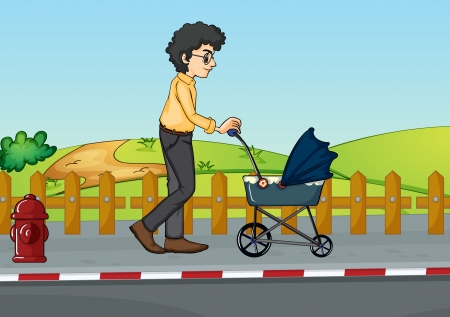 Illustration of a man and baby pram in a beautiful natureのイラスト素材