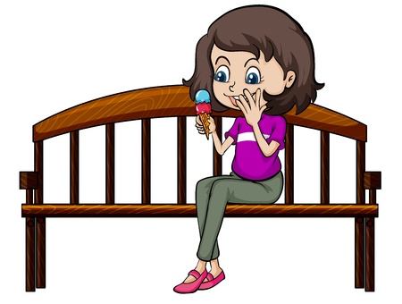 Illustration of a smiling girl eating ice cream on a white backgroundのイラスト素材