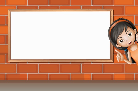 Illustration of a smiling girl and a white board on a brick wallのイラスト素材