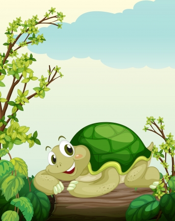 Illustration of a turtle lying on dry wood in a beautiful natureのイラスト素材