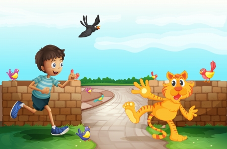 Illustration of a smiling boy and a tiger in a beautiful natureのイラスト素材
