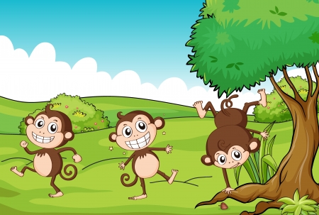 Illustration of the three monkeys dancing under a treeのイラスト素材