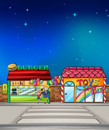 Illustration of a mother and child walking near the burger junction and toy storeのイラスト素材
