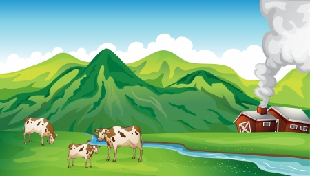 Illustration of a farm house and cows near the mountainのイラスト素材