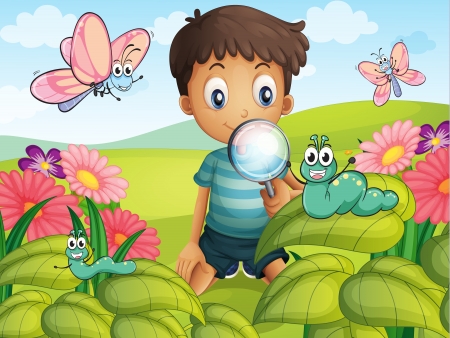 Illustration of a litte boy with a magnifying glass in the gardenのイラスト素材