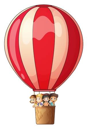 Illustration of a stripe air balloon flying with kids on a white backgroundのイラスト素材