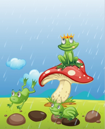 Illustration of frogs playing in the rainのイラスト素材