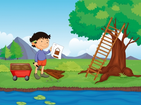 Illustration of a carpenter with a sketch plan of the tree houseのイラスト素材