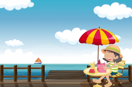 Illustration of a young girl reading at the seasideのイラスト素材