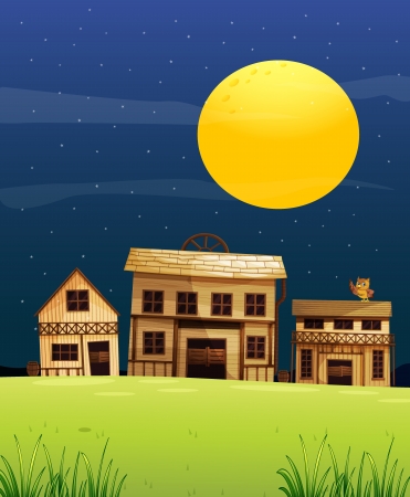 Illustration of a full moon, stars, houses and an owl in the middle of the nightのイラスト素材