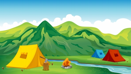 Illustration of camping tents near the mountainのイラスト素材