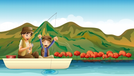 Illustration of a man and a young boy having fun while fishingのイラスト素材