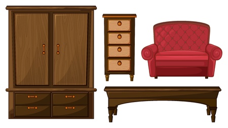 Illustration of a closet, drawer, table and a couch on a white backgroundのイラスト素材