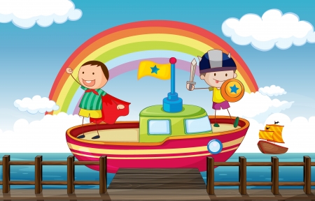 Illustration of kids playing happily in the shipのイラスト素材