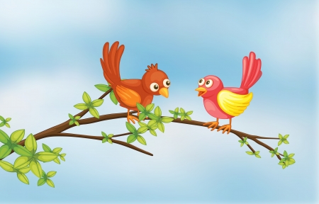 Illustration of a couple bird in a thin branch of treeのイラスト素材